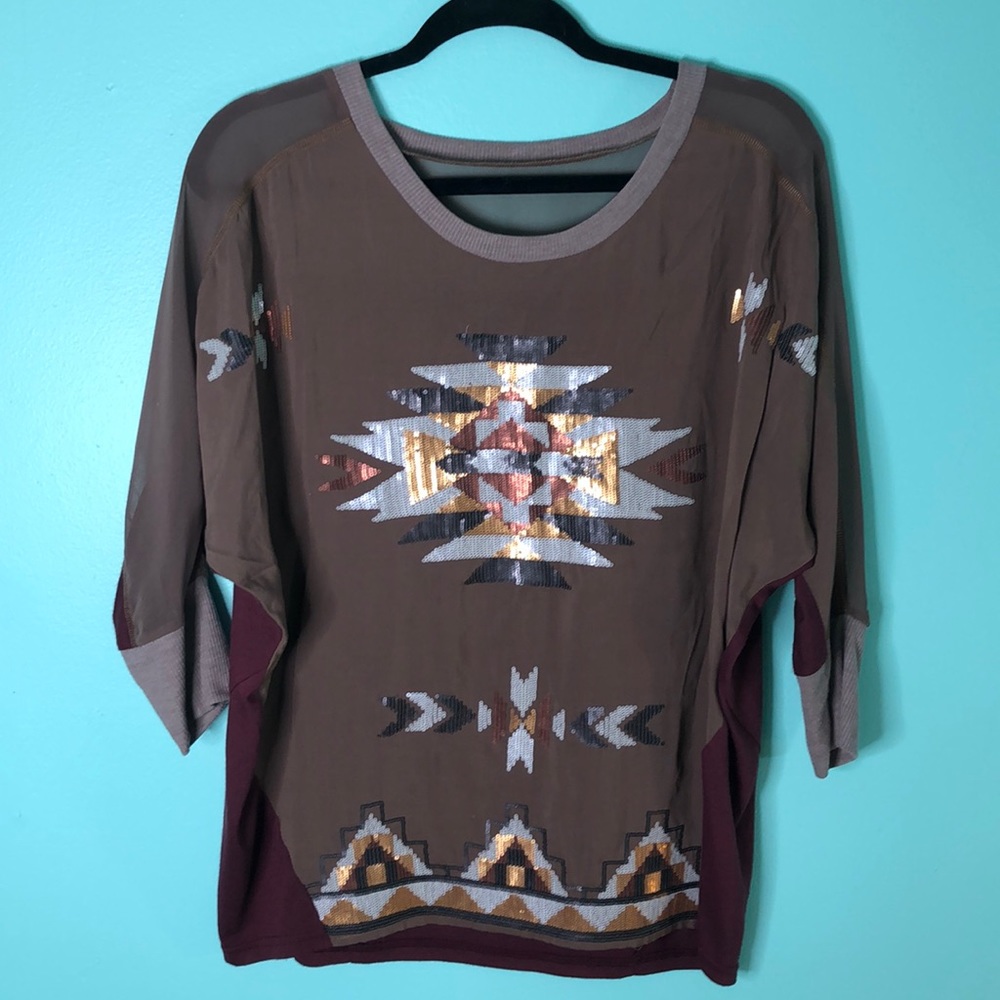 Miss Me Batwing Aztec Sequin Semi Mesh Top Sz M